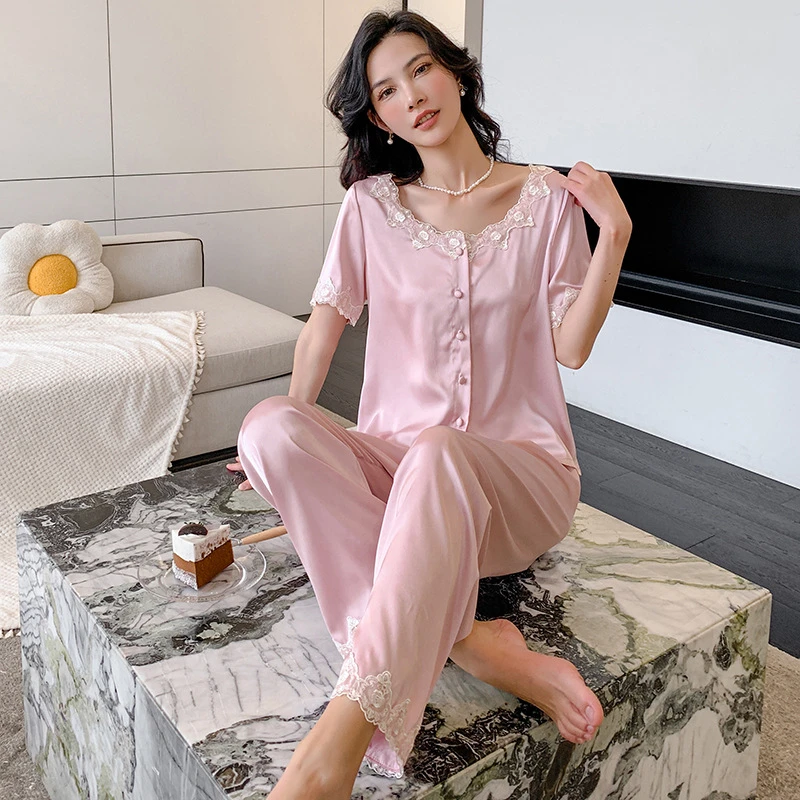 2023夏季三件套女短袖长裤套装冰丝睡衣蕾丝时尚休闲薄款家居服
