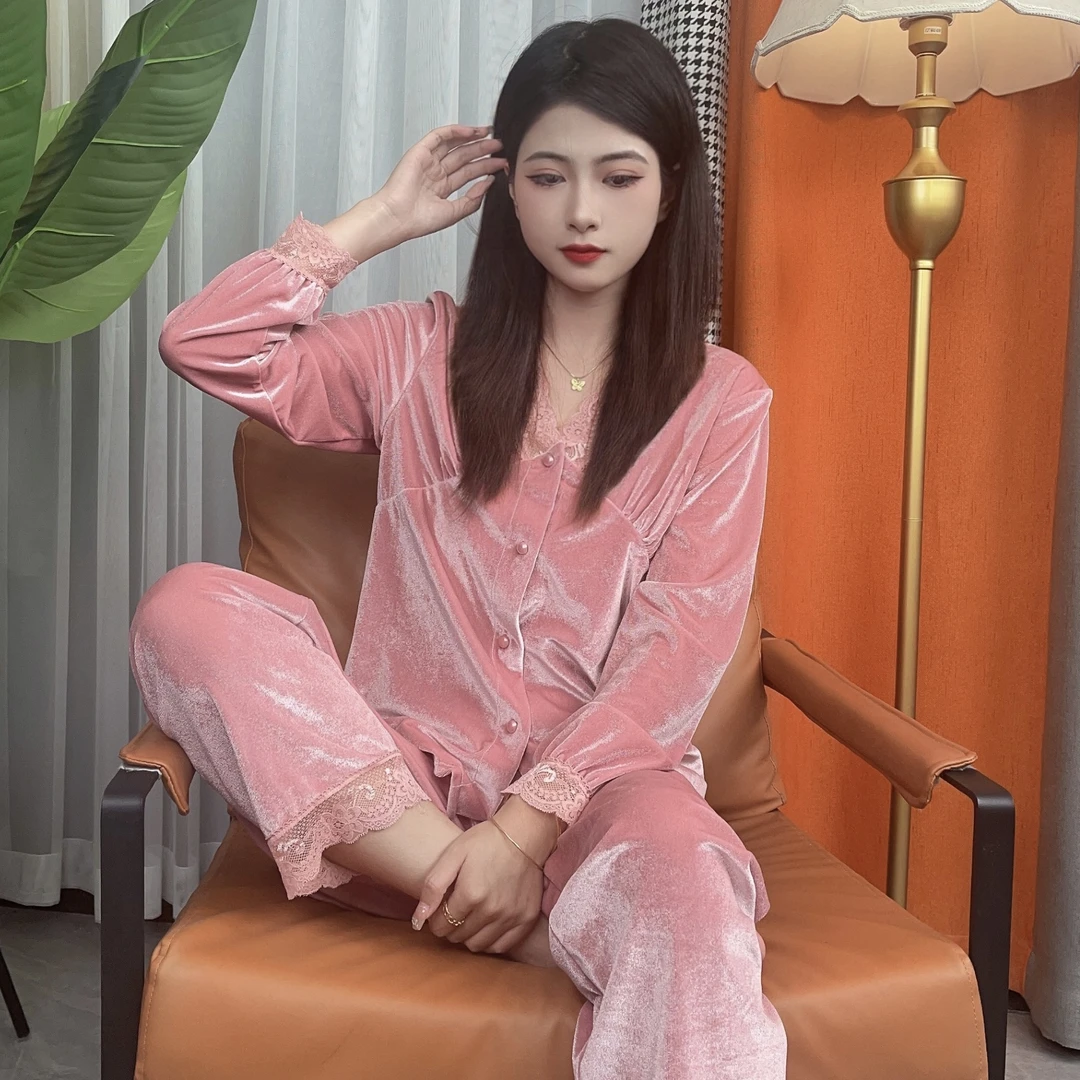 韩版温柔两件套雪花绒秋冬时尚保暖睡衣女长袖可外出爆款家居服