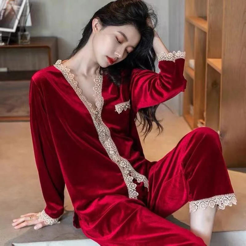 【纯色优雅】秋冬金钻绒女士厚款睡衣蕾丝大码冬季孕妇套装家居服