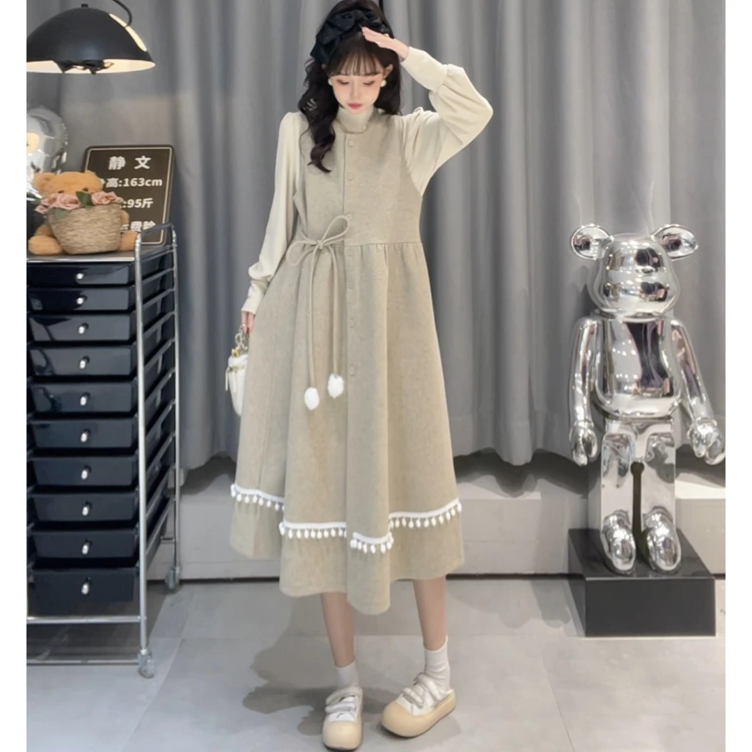 梁小小精选-2024秋冬新款真两件收腰显瘦长袖时尚甜美休闲裙46064