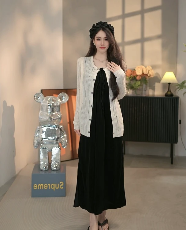 纯纯-2024早秋显瘦气质长袖复古法式收腰女装连衣裙套装