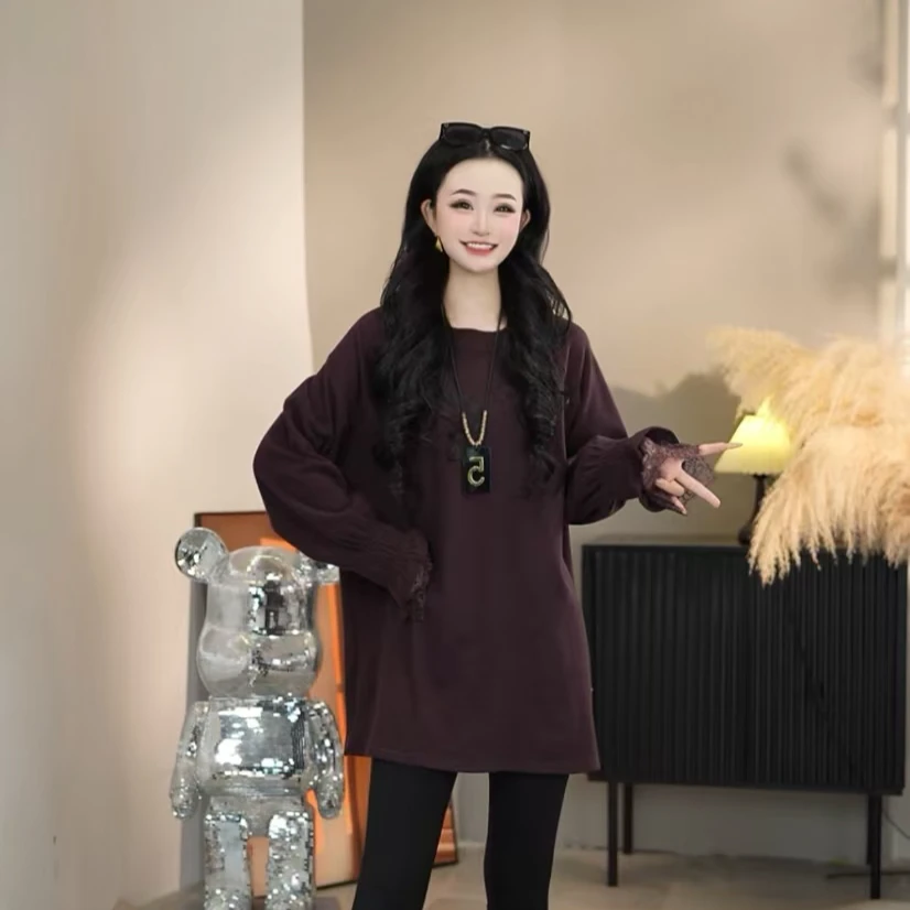年年--秋冬款纯色双面澳绒圆领宽松显瘦长袖拼接蕾丝T恤上衣46019