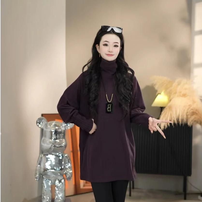 年年--2024秋季新款纯色双面德绒高领宽松显瘦长袖T恤上衣 45995