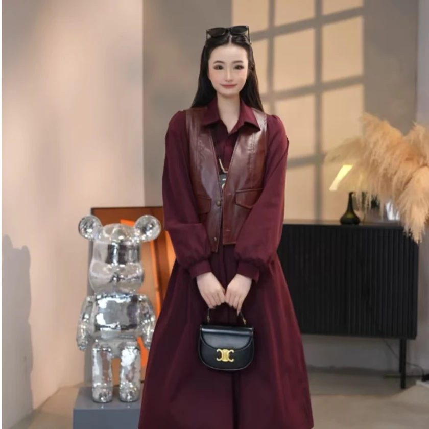 年年--早秋气质连衣裙穿搭马甲配收腰显瘦中长款裙两件套 45113