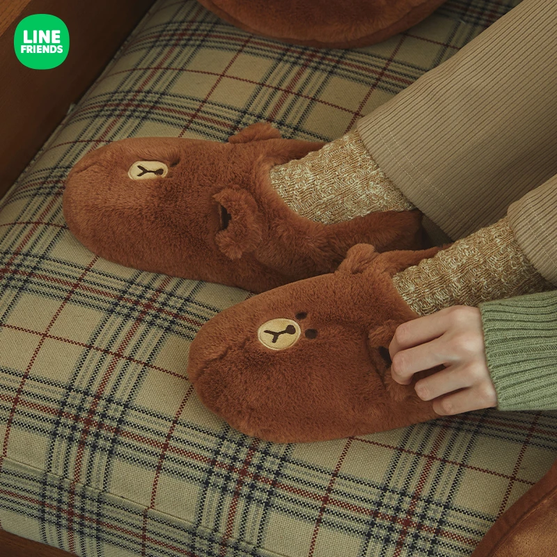 LINE FRIENDS连我朋友 HUG BROWN系列布朗熊室内毛绒拖鞋