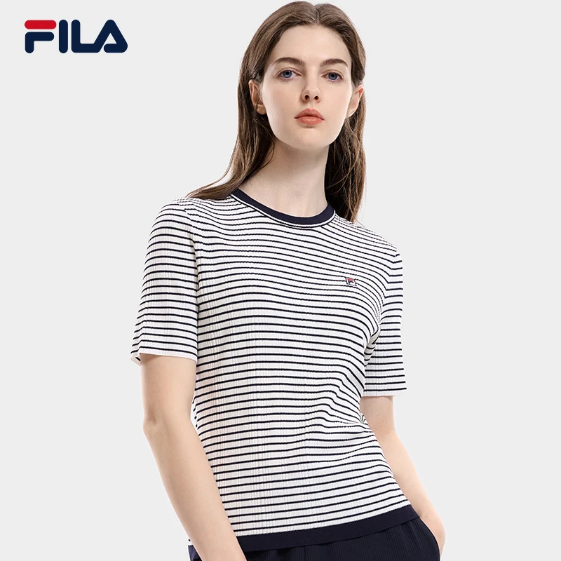 FILA斐乐女装短袖春秋休闲时尚百搭编织衫圆领运动T恤F11W331413A