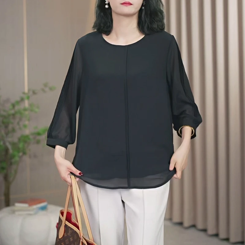 火袖8527时尚2024新款圆领宽松遮肚子显瘦妈妈装气质纯色上衣女