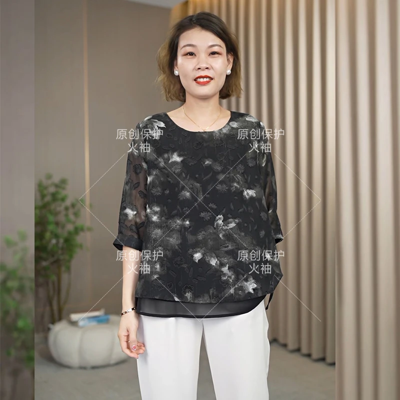 火袖9089夏款编织黑白花洋气圆领蕾丝百搭短袖宽松显瘦上衣