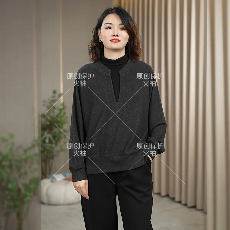 火袖F580时尚别致设计感上衣女2024秋冬新款百搭套头打底假两件