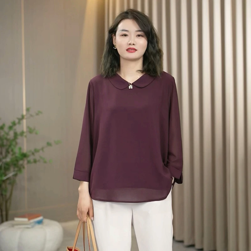 火袖8597时尚2024新款娃娃领宽松显瘦妈妈装纯色长袖上衣