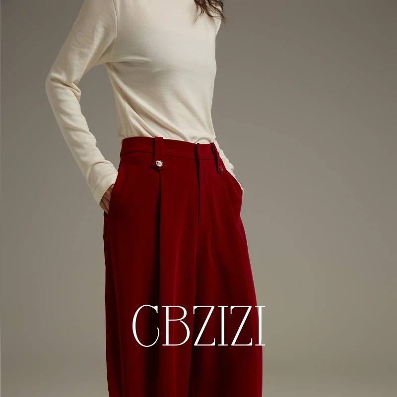 CBZIZI2024新款进口聚酯不皱宽松直筒女式中腰长裤双腰线设计百搭