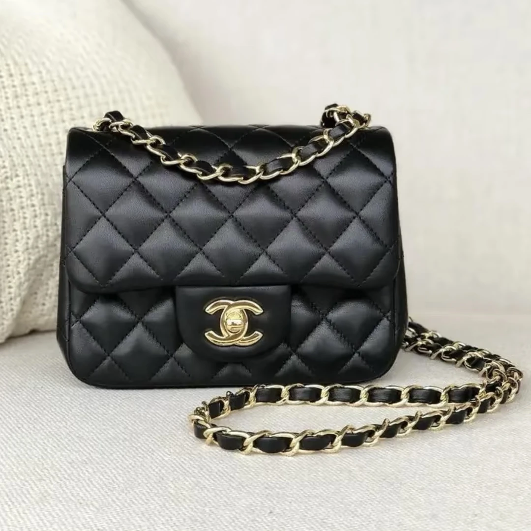 95新 Chanel/香奈儿 方胖子黑金单肩链条包/芯片款/C1719