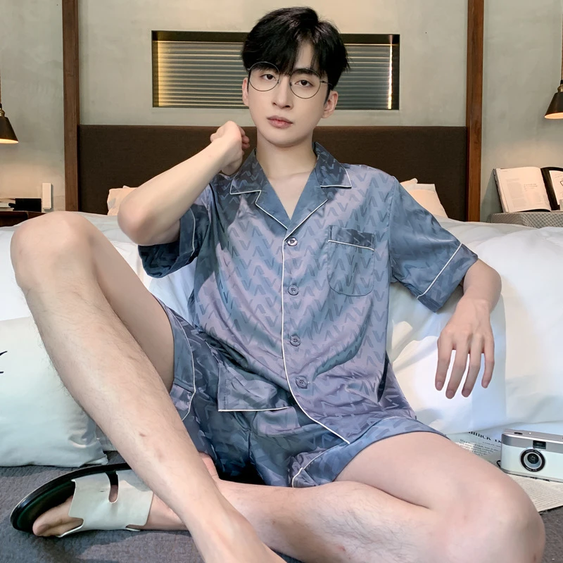 Gmeir男士睡衣短袖短裤薄款冰丝高级感个性网红可外穿家居服套装