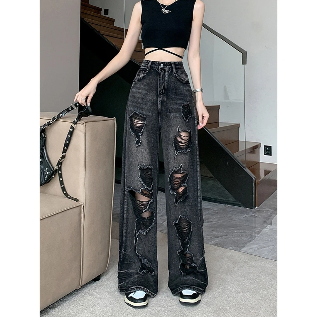 2025春夏新款宽松破洞乞丐高腰直筒阔腿裤薄款黑色牛仔裤男女裤子