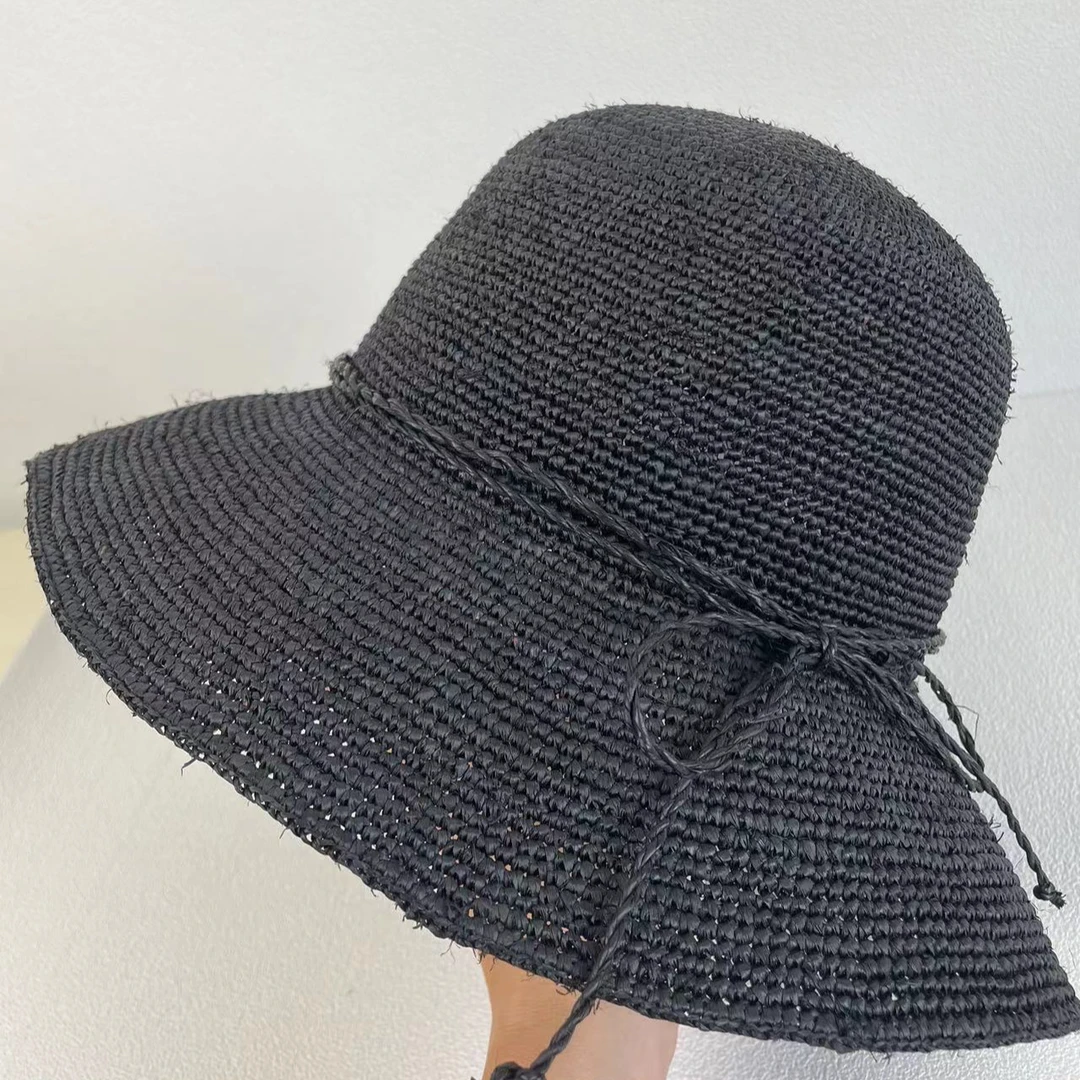 黑色拉菲草大檐渔夫帽遮阳帽户外休闲百搭夏季透气