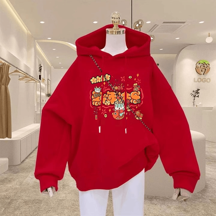 红色连帽卫衣女2023新款新年秋冬加绒加厚龙年本命年衣服欧货外套