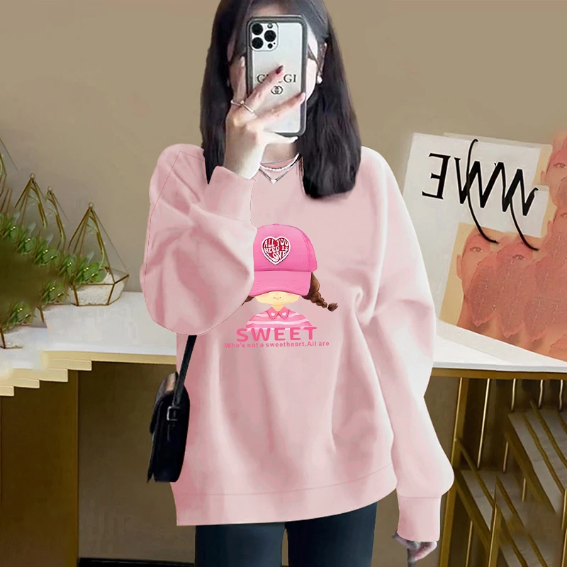 粉色圆领卫衣女2024秋冬季加绒加厚卡通洋气减龄百搭别致漂亮上衣