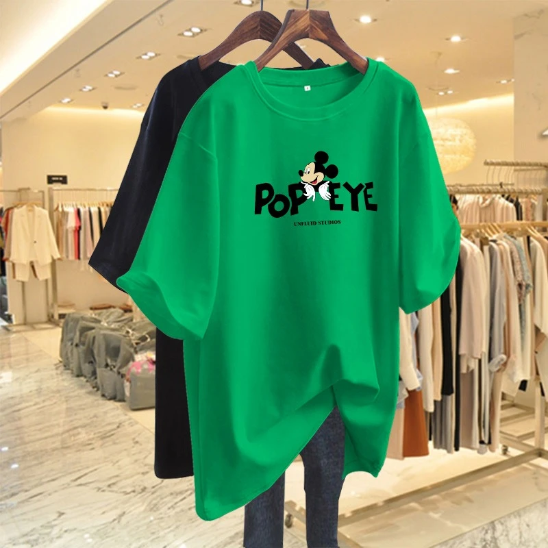 绿色纯棉宽松中长款正肩短袖T恤女2025夏新款欧货大版上衣打底衫