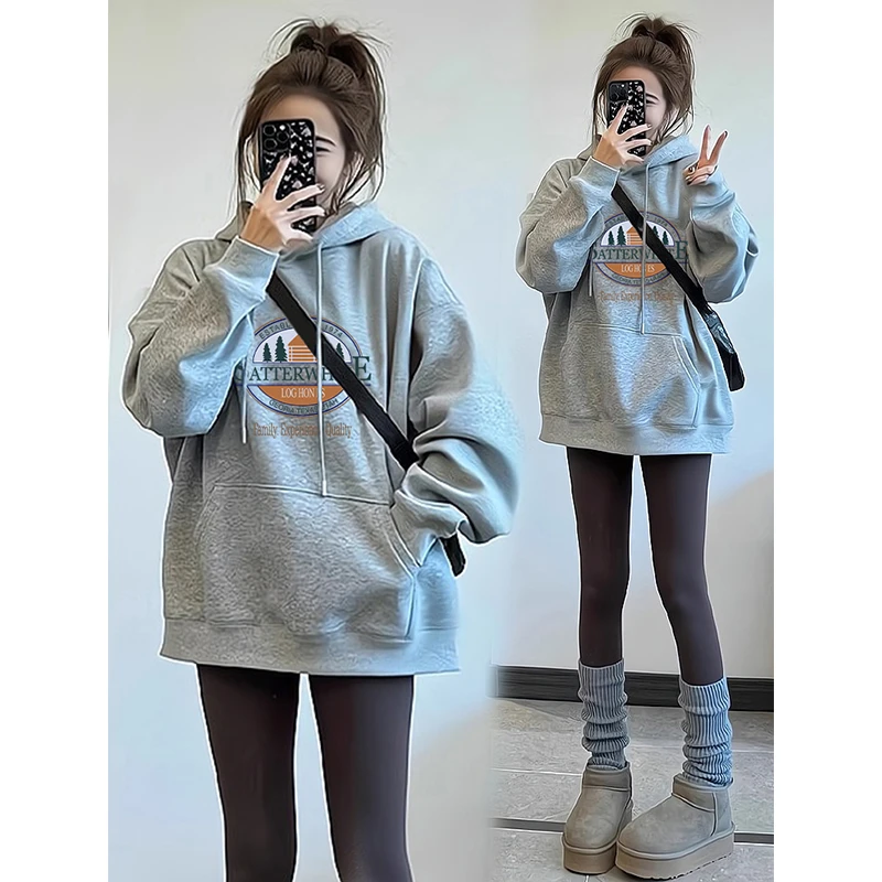 灰色卫衣女春秋款宽松设计感小众2025秋冬加绒加厚上衣连帽外套潮