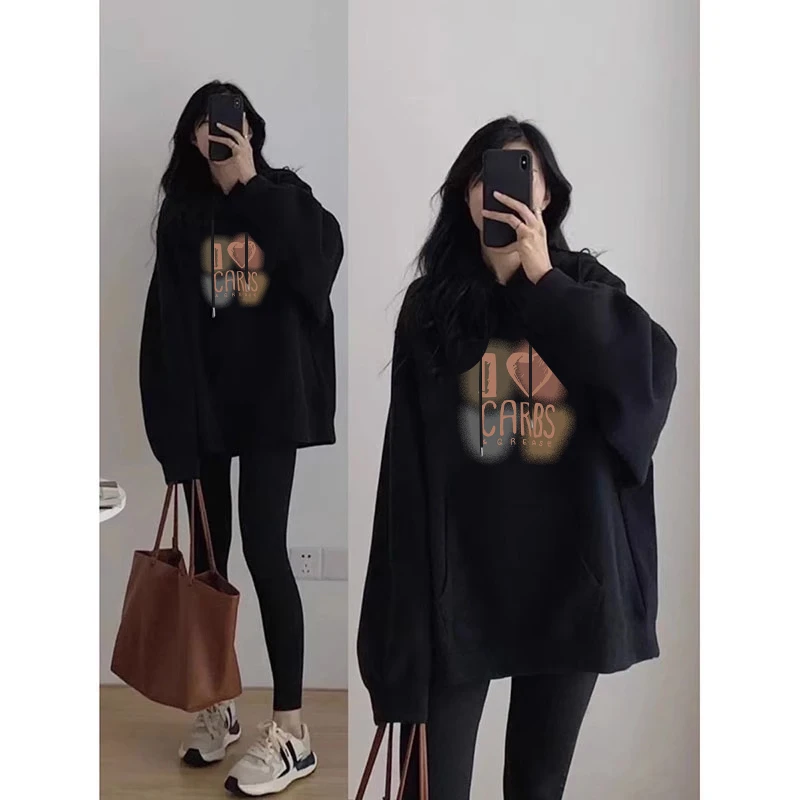 2025新款秋冬宽松连帽oversize中长款遮屁股黑色潮牌卫衣外套女款
