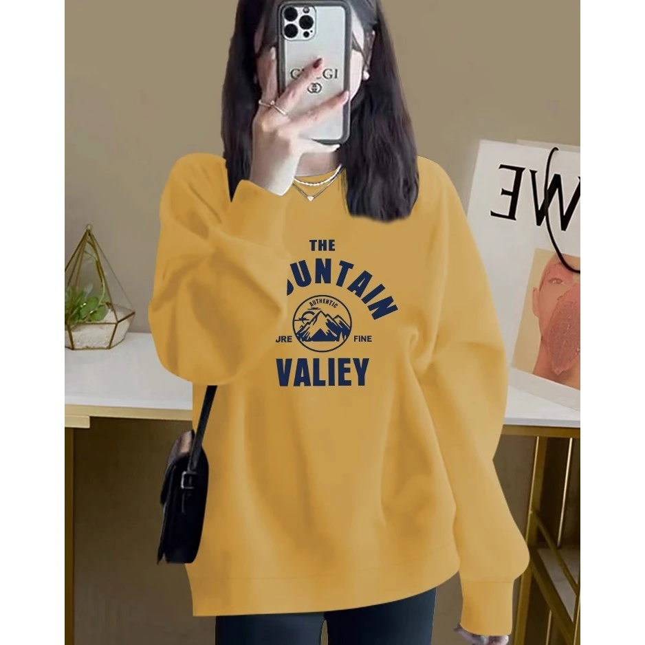 黄色圆领卫衣女2025年秋冬新款宽松韩版加绒无帽字母印花上衣外套