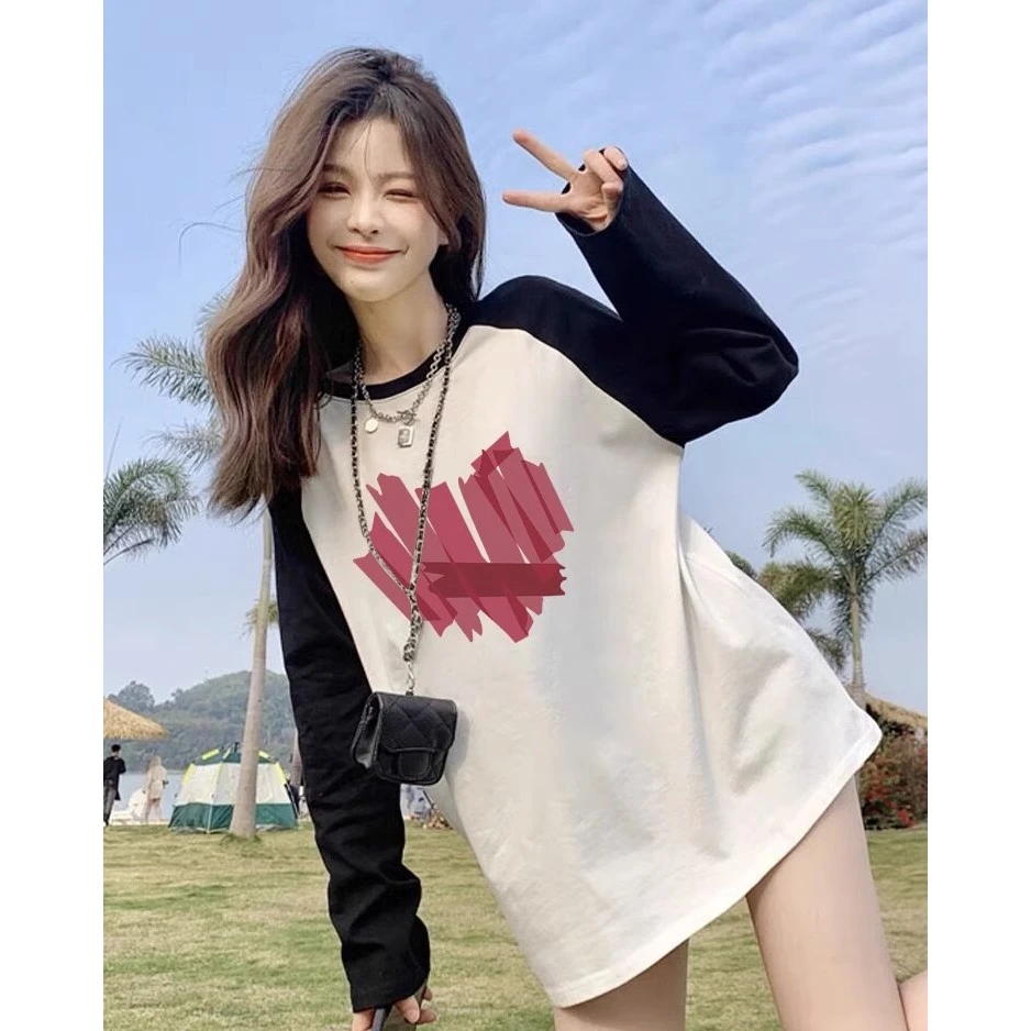 插肩长袖爱心t恤韩版女秋2025新款显瘦小众黑白撞色打底衫上衣潮