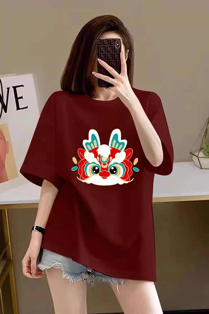 2024新款龙年本命年酒红色纯棉短袖新年欧货洋气大版百搭内搭上衣