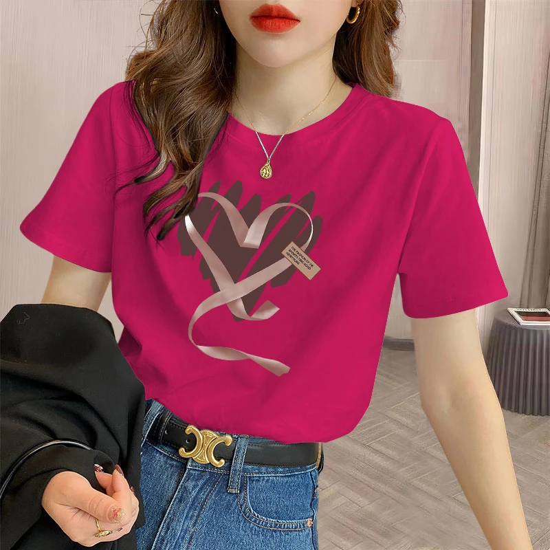 火龙果色t恤女短袖宽松纯棉正肩2026新款夏季爱心显瘦圆领上衣ins