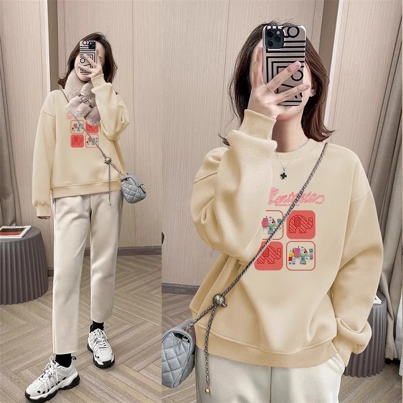 杏色宽松韩版无帽圆领卫衣女2023年秋冬新款加绒加厚小个子上衣潮