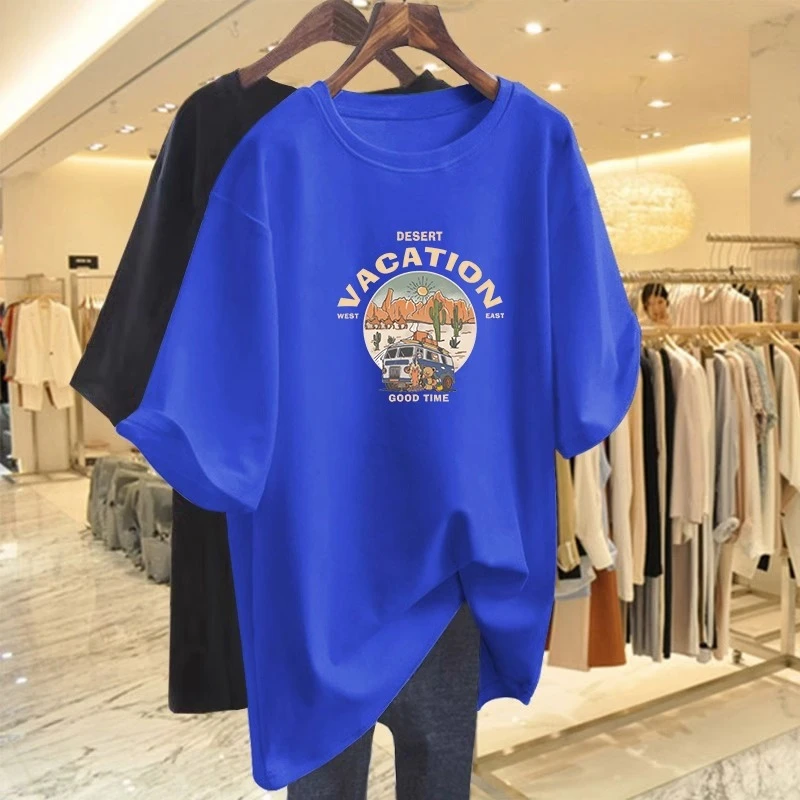 欧货女t恤短袖2025新款大版遮屁股宽松纯棉克莱因蓝正肩大码上衣