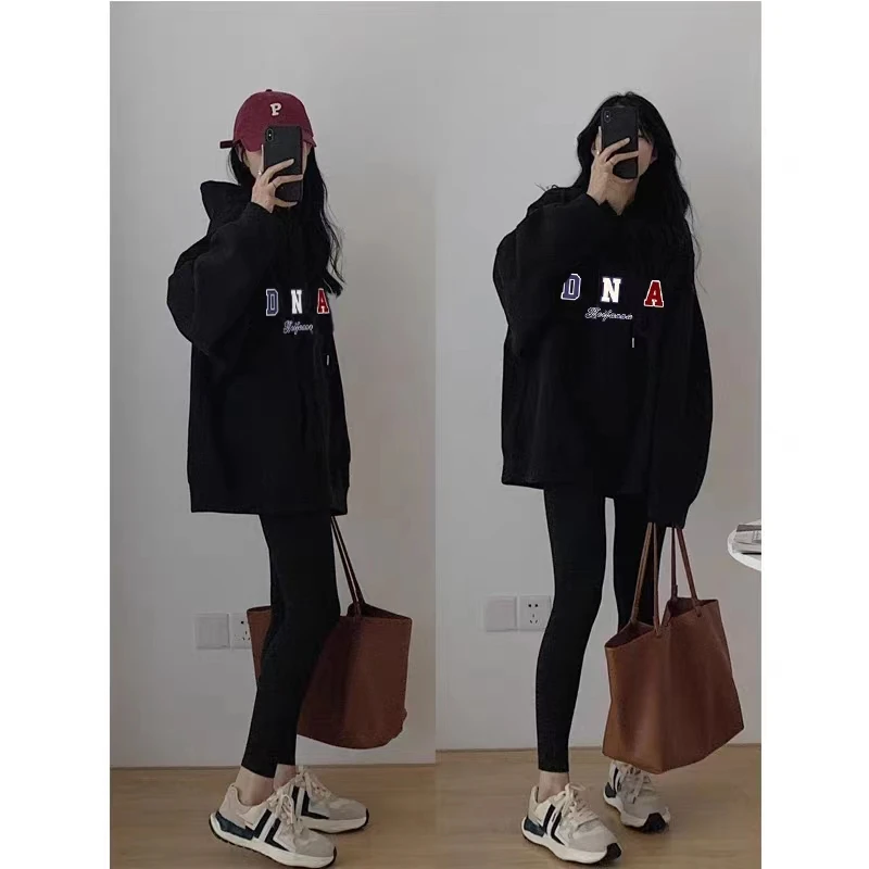 2025秋冬新款加绒加厚黑色连帽字母卫衣女宽松中长款情侣外套休闲