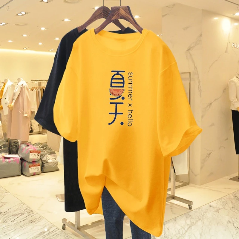 黄色宽松中长款纯棉短袖T恤女2025春夏新款欧货大版潮牌气质上衣