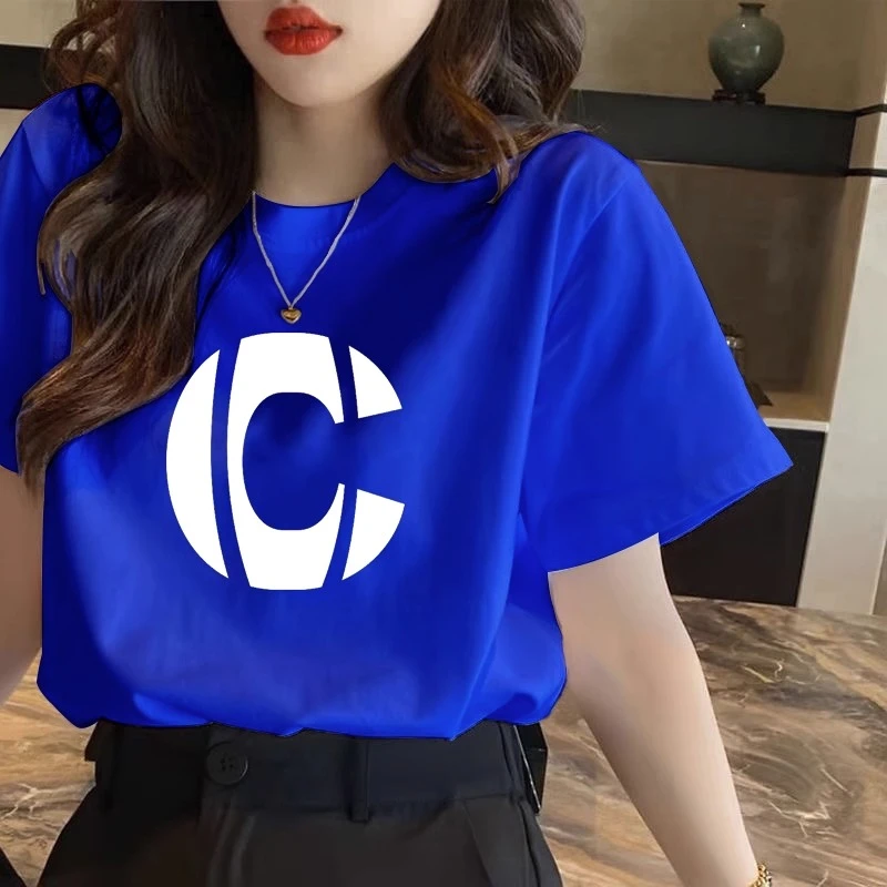 纯棉短袖T恤女克莱因蓝色小衫2025夏季新款欧货减龄正肩上衣百搭