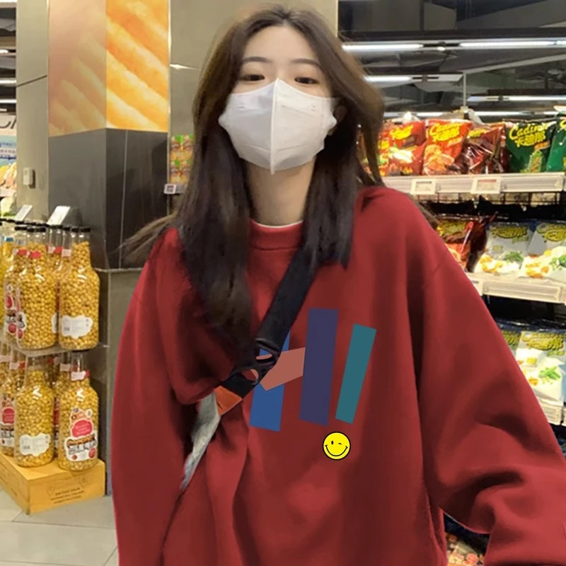 酒红圆领卫衣女士2025年新款春秋季薄款套头欧货宽松字母长袖上衣