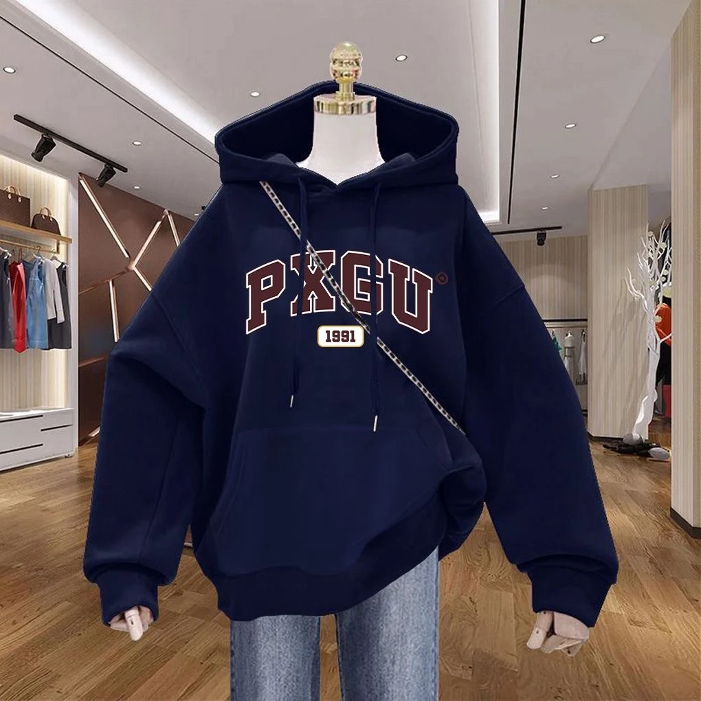 深蓝色上衣oversize连帽卫衣女2025秋冬加绒加厚宽松美式复古外套