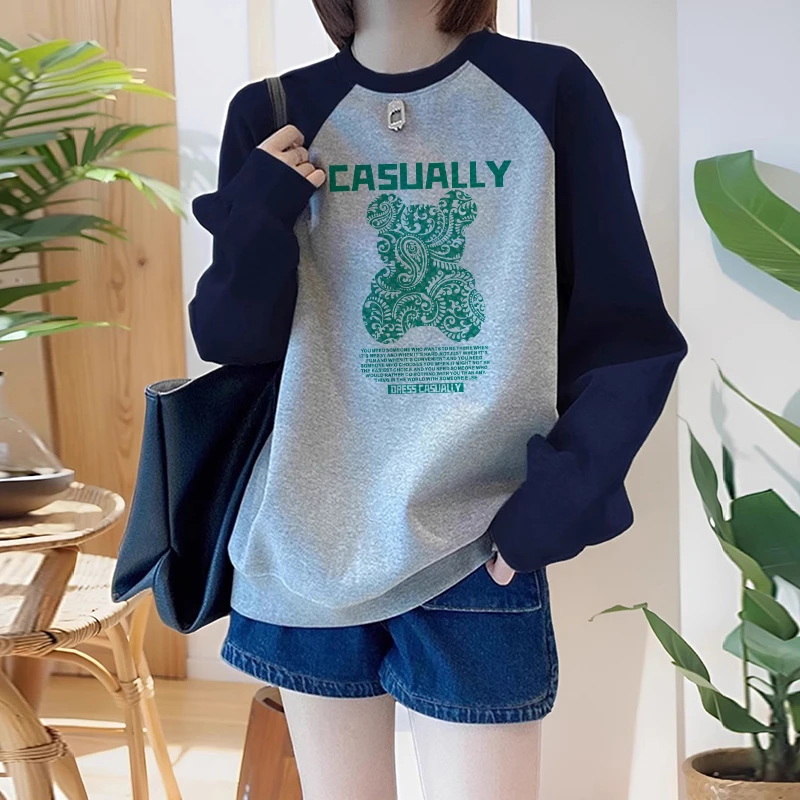 撞色插肩袖卫衣女冬加绒2025新款爆款宽松大码慵懒风圆领上衣春秋