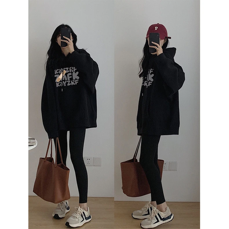 黑色oversize加绒加厚连帽卫衣女2025新款爆款秋冬中长款字母外套