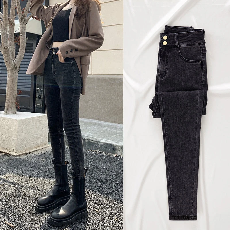 双扣高腰小脚牛仔裤女修身百搭早春高腰黑灰弹力九分紧身铅笔裤子