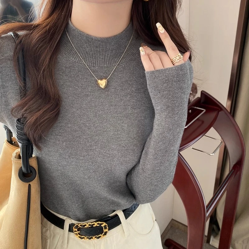 半高领毛衣女秋冬2024新款加厚打底衫内搭灰色针织高级感上衣