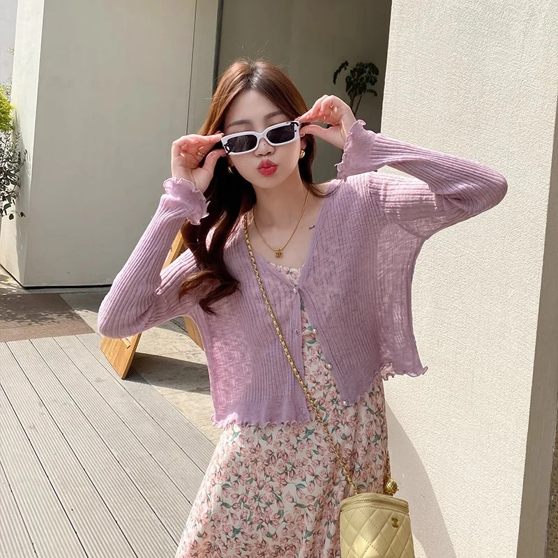 紫色冰丝针织开衫外套女2025春夏新款外穿薄款防晒罩衫打底小上衣