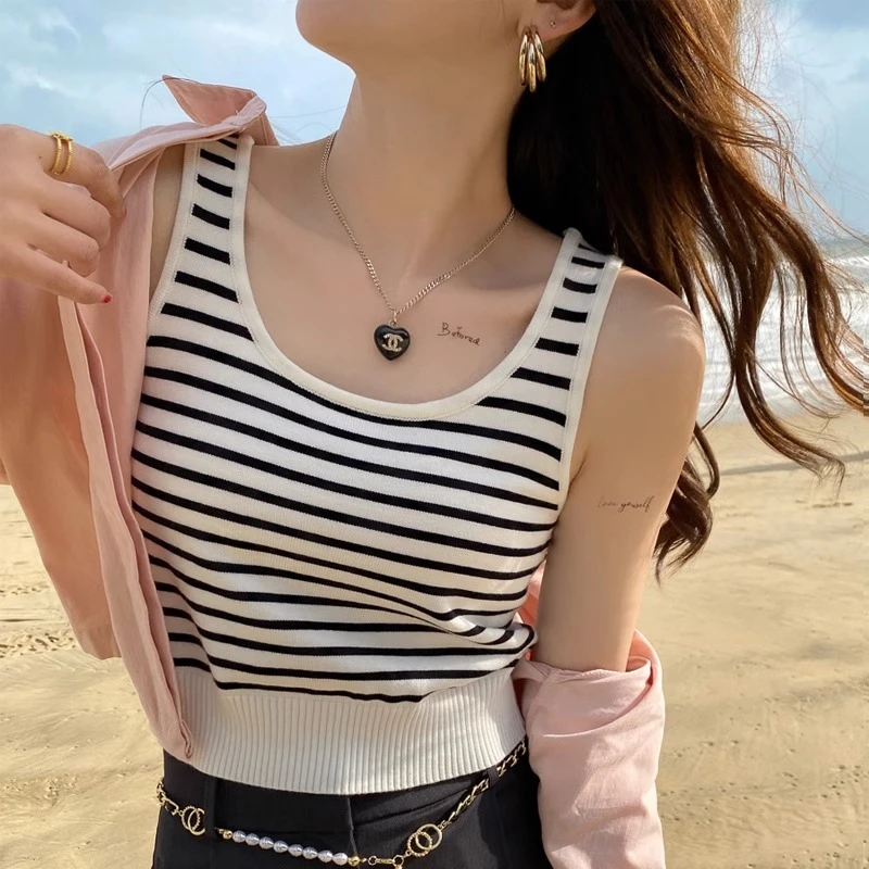 法式针织吊带小背心女外穿夏季短款U领内搭打底条纹无袖t恤上衣