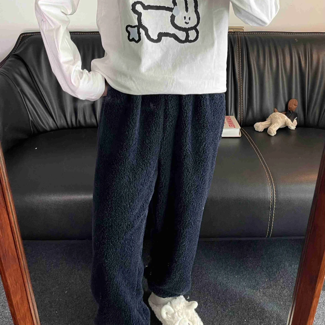 加厚法兰绒裤子女秋冬睡裤居家宽松大码直筒平口散腿珊瑚绒家居裤