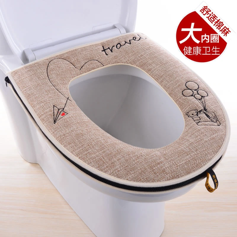 亚麻马桶坐垫加大坐便套垫家用拉链可水洗马桶圈垫四季通用马桶垫