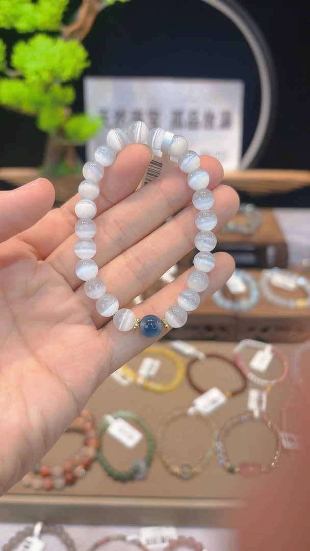 单圈白猫眼搭糖心玛瑙款手串Y3780