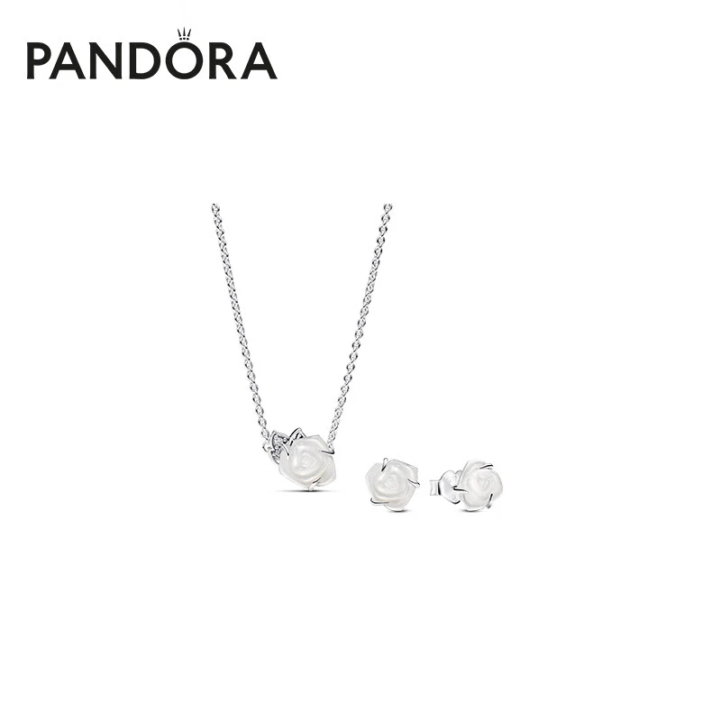 PANDORA/潘多拉 链子925银 白玫瑰项链耳钉套装