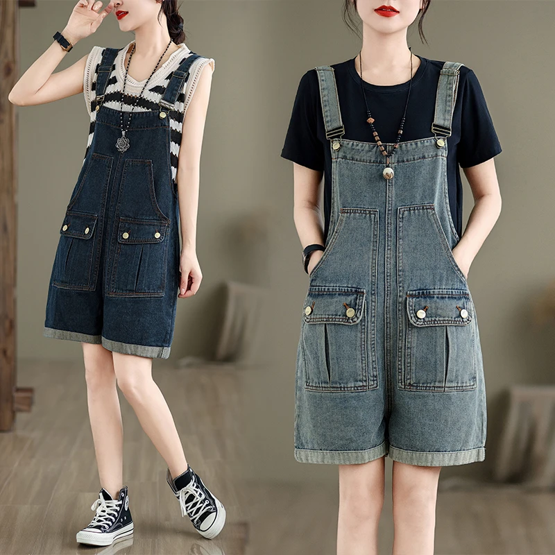 2025夏季薄款时尚复古宽松大码百搭宽松牛仔裤女背带裤潮