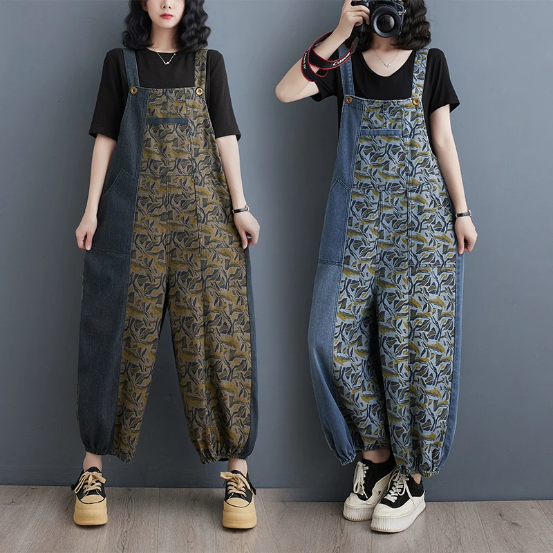 2024春夏新款宽松大码复古印花背带裤洋气 显瘦背带裤女