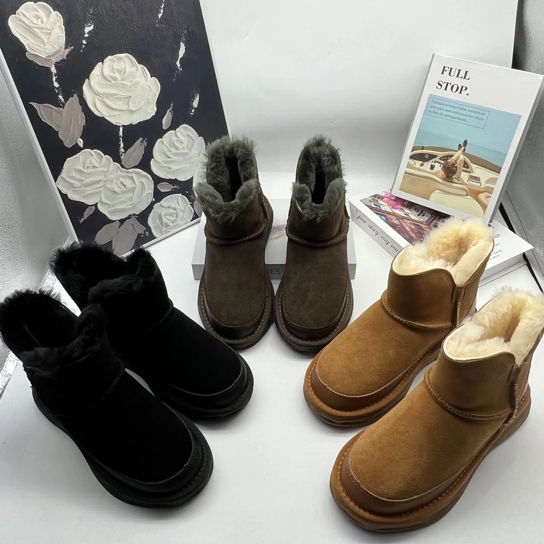 新款雪地女靴加厚断码时尚休闲百搭洋气真皮加绒保暖冬季雪地棉