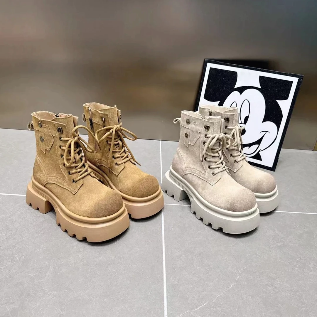 磨砂马丁靴单靴短靴系带显瘦机车靴百搭真皮厚底靴休闲潮流复古