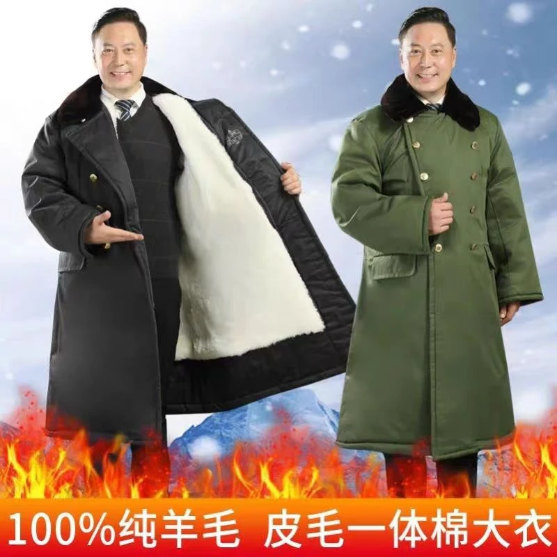 皮毛一体军绿大衣加长款军大衣